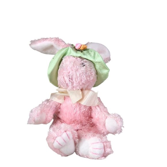 Pink Bunny Rabbit Stuffed Pellets Animal Plush 7"- 12" toy W/ Green Easter Hat - Picture 1 of 8